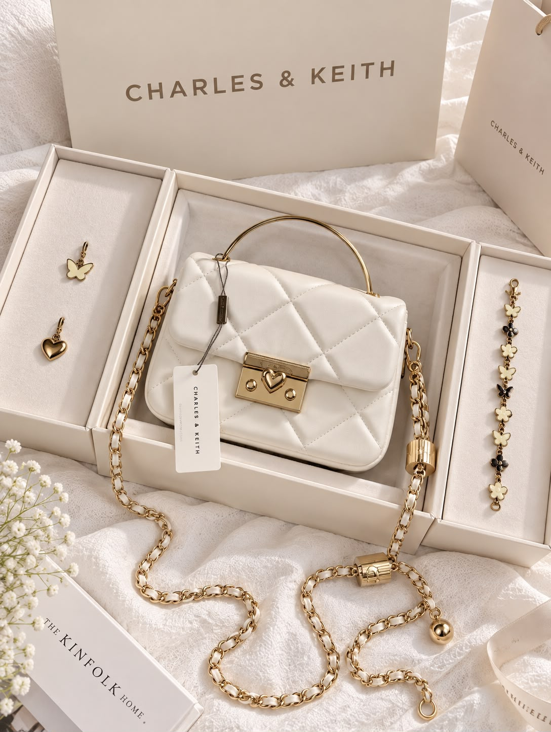 Charles & Keith Inspired Quilted Boxy Top Handle Bag with Gold Heart Lock