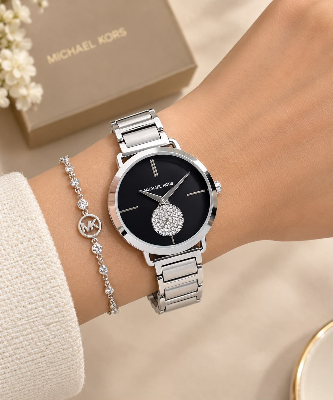 Michael Kors Portia Silver Women's Watch – Black Dial