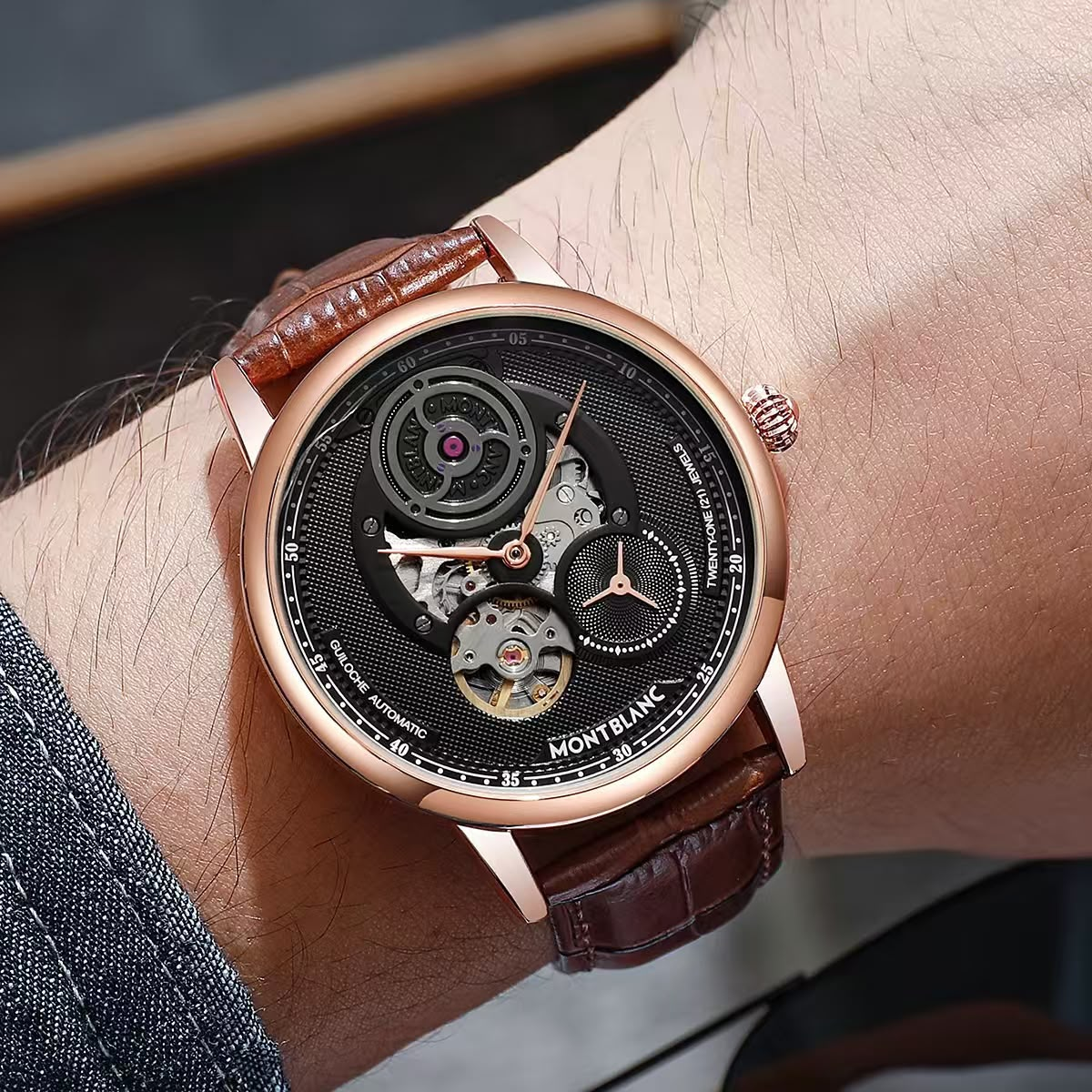 Men's Tourbillon-Style Automatic Watch with Leather Strap